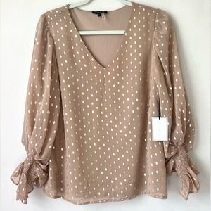 NWT 1. State Women Blouse Taupe Polka Dot Size XSV-Neck Bell Sleeve